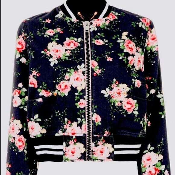 Diesel Floral Bomber Jacket NWT XS – Black Pink Rose Print Cropped Varsity Style - Picture 2 of 10